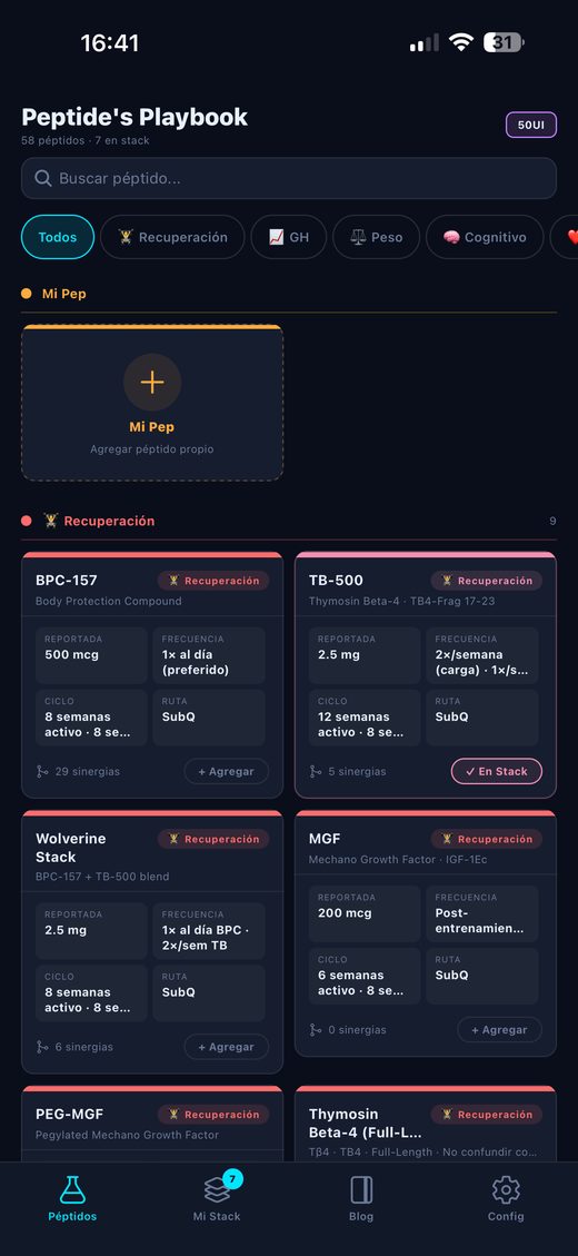 Peptide's Playbook — catálogo real de la app